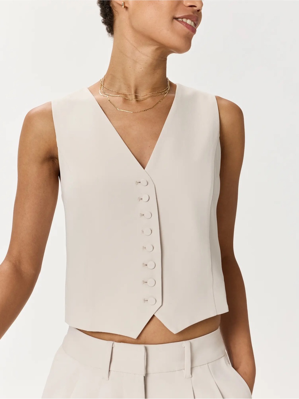 Quince Stretch Crepe Button Front Vest Textured Sand Small